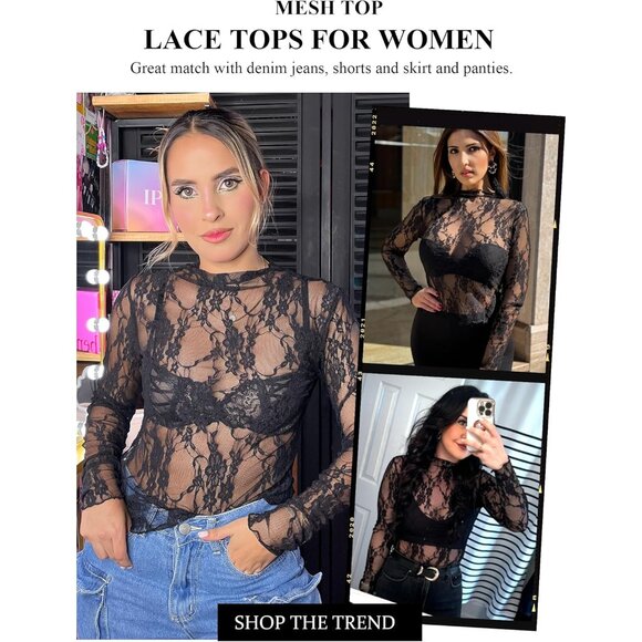 Women's Mesh Top Long Sleeve Sheer Blouse See Through Floral Lace Plus Size - Picture 3 of 8